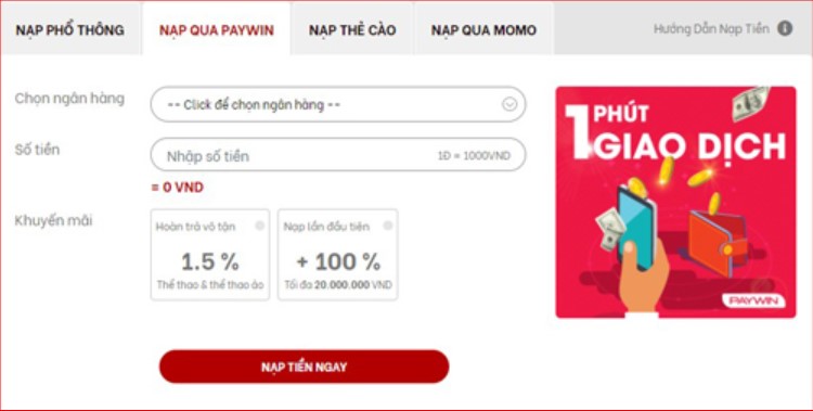 Nạp tiền qua paywin tại Red88