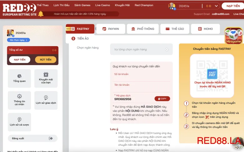 Nạp rút tiền tại RED88 siêu tốc