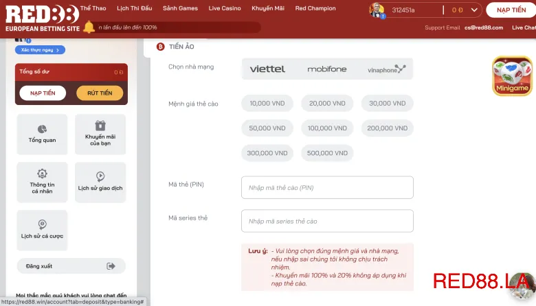 Red88 cũng hỗ trợ phương thức nạp rút bằng thẻ cào